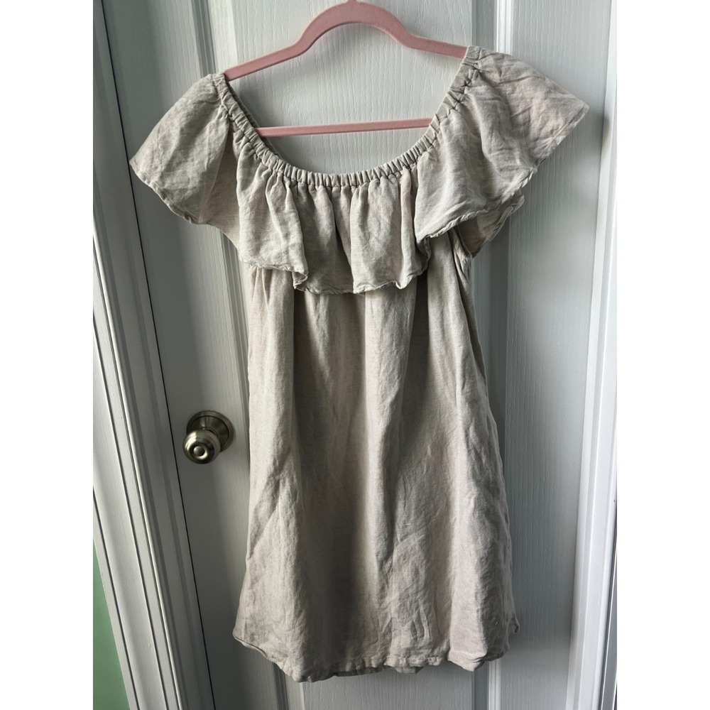 Tommy Bahama St. Lucia Linen Blend Off Shoulder Dress Pockets Beige Resort Sz S